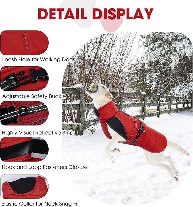 Nanaki Warm Fleece Lined Furry Collar Winter Coats Jackets Vests for Dogs, Waterproof Reflective Dog Snowsuit with Leash Hole Outdoor Walking Hunting, Easy On Pullover Medium Dog Puppy Coat Red XL