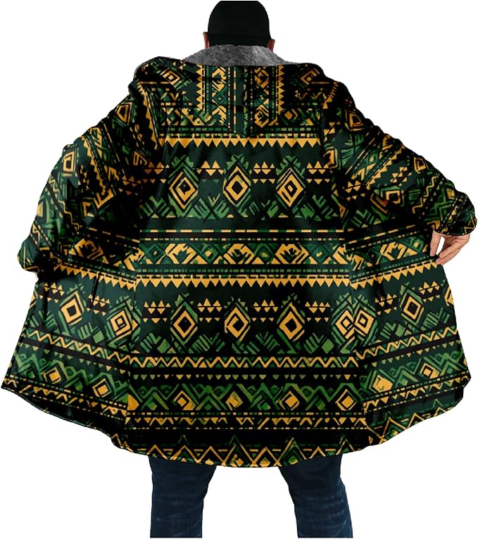 Mens Aztec Print Hoodie Heavyweight Cotton Fleece Jacket Zip Up Warm Long Sleeve Hooded Winter Midi Coat