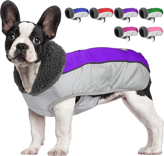 Dog Coat, Waterproof Ripstop Dog Winter Jacket with Leash Hole, Reflective Adjustable Warm Pet Fleece Snow Sweater for Small Medium Large Dogs - Purple, M