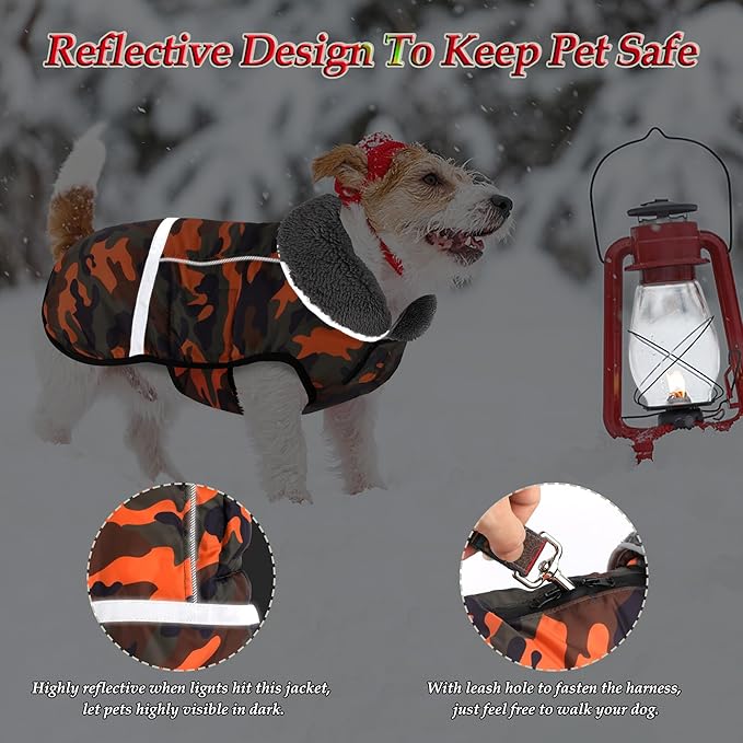 Dogcheer Warm Dog Coat, Waterproof Dog Jacket Christmas Puppy Winter Coat with Buckle, Reflective Adjustable Pet Snow Jacket Turtleneck Fleece Sweater for Small Medium Large Dogs - Orange Camo, 2XL