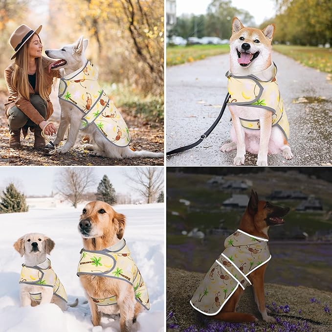 Dog Raincoat for Medium Dogs Waterproof Hooded Rain Jacket with Reflective Strips Leash Hole & Poncho Adjustable Fit (Monkey,M)
