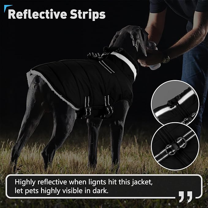 Dogcheer Dog Coat, Waterproof Dog Jacket with Harness, Reflective Adjustable Winter Coat with Zipper, Christmas Pet Snow Jacket Clothes for Small Medium Large Dogs - Black 2XL