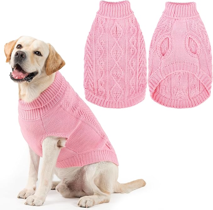 PUPTECK Dog Sweater, Turtleneck Warm Knitted Pullover Coat, Thick Cable Knitwear Clothes in Winter, Pet Apparel Outfits for Large Dogs, for Cold Weather Indoor & Outdoor, Pink ML