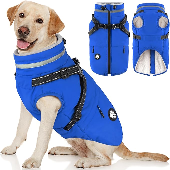 Dogcheer Dog Coat, Waterproof Dog Winter Jacket with Harness, Reflective Adjustable Doggy Cold Weather Coats, Christmas Pet Fleece Snowsuit for Small Medium Large Dogs - Blue, 2XL