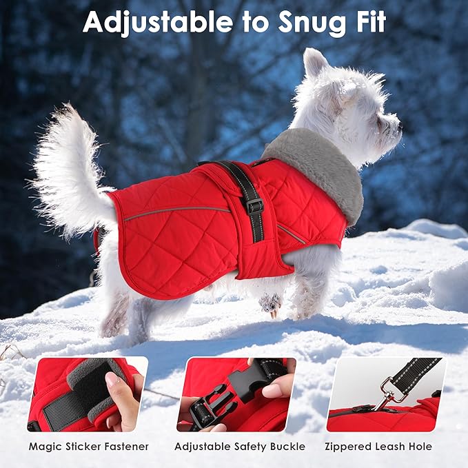 Dog Coat, Waterproof Dog Winter Jacket with Adjustable Buckle, Reflective Turtleneck Pet Snow Vest Warm Fleece Sweater for Small Medium Large Dogs - Red, S