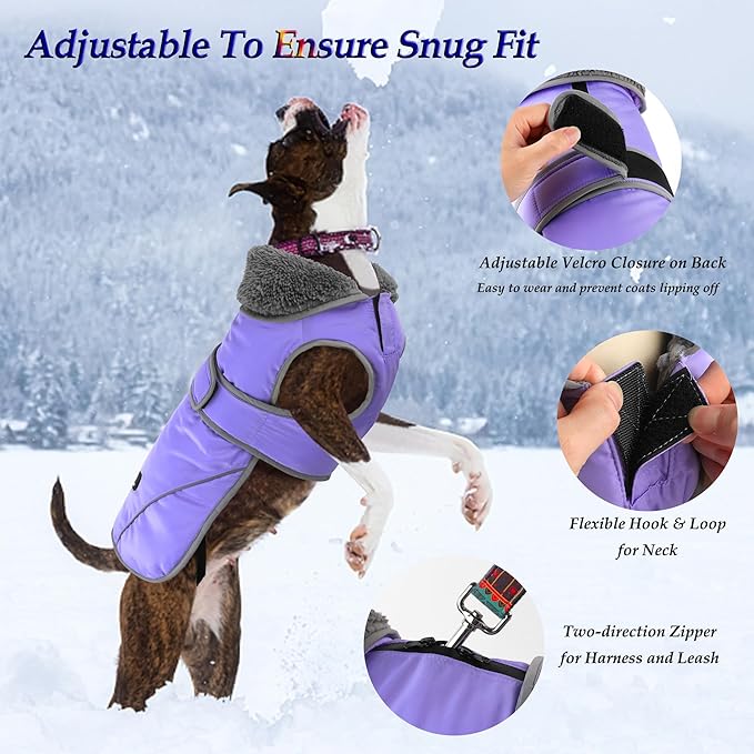 Dogcheer Dog Coat, Waterproof Dog Jacket Reflective Pet Winter Coat with Adjustable Hook & Loop, Christmas Puppy Fleece Jacket Warm Turtleneck Snowsuit for Small Medium Large Dogs - Taro Purple, S
