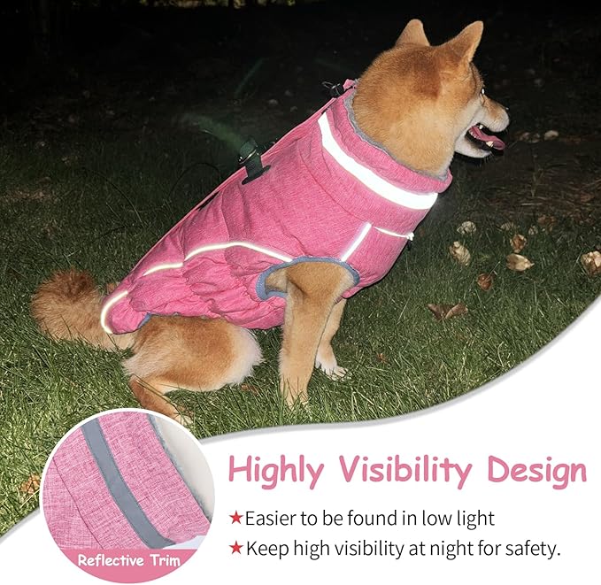 Malier Dog Coat, Reflective Dog Jacket Waterproof Windproof Puppy Cold Weather Coats with Harness Built in, Winter Extra Warm Pet Coat Fleece Vest for Small Large Pets and Puppy (Pink, XX-Large)