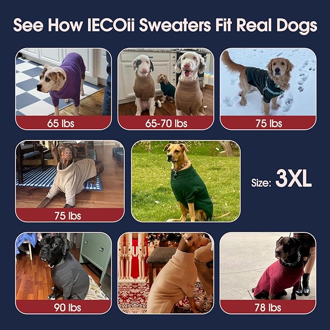 IECOii XXXL Dog Sweater,Warm Dog Sweaters for Extra Large Dogs Girl Boy,Stretchy & Cozy,Turtleneck Knitted Pullover for Pet Wear On Christmas,Easy On Doggy Sweatshirt for Labrador (Green,XXXL)