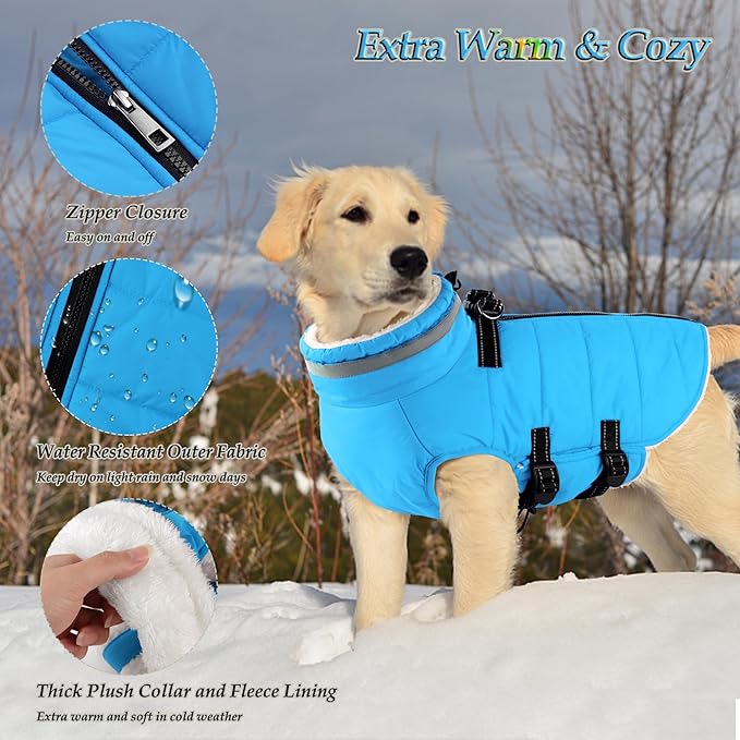 Dogcheer Dog Coat with Harness, Waterproof Dog Jacket Adjustable Pet Winter Coat with Zipper, Christmas Puppy Snow Jacket Fleece Sweater for Small Medium Large Dogs - Sky Blue XS