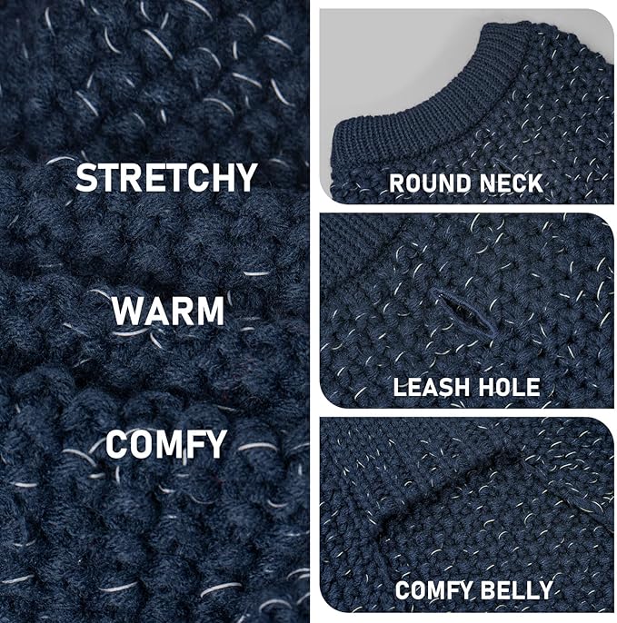 KYEESE Dog Sweater with Leash Hole Comfy Pullover Sweater Medium Size Male with Reflective Yarn Warm Pet Coats Stretchy Cozy Lightweight Thick Knitwear Dog Clothes, Navyblue, X-Large