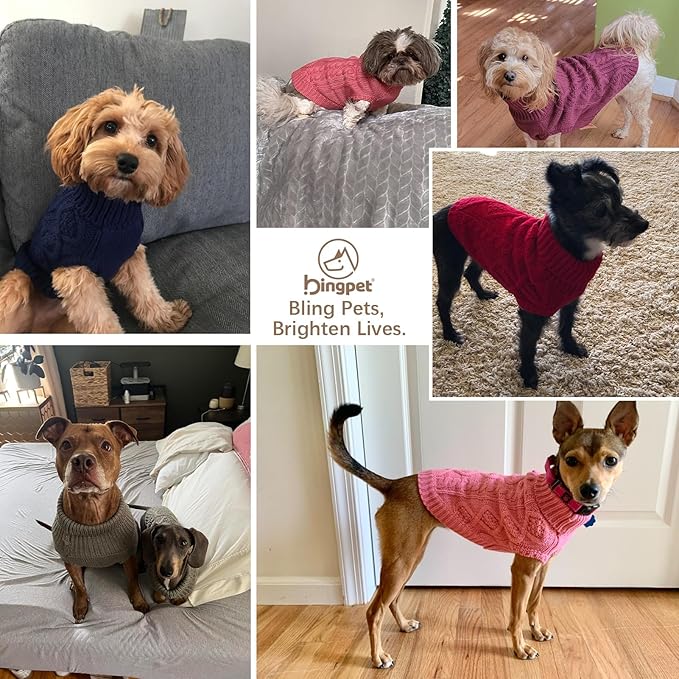 BINGPET Thermal Knitted Dog Sweater, Winter Dog Cat Coat, Warm Sweater for Small/Medium Dogs, Classic Cable Knit Turtleneck Pullover, Orange Acrylic
