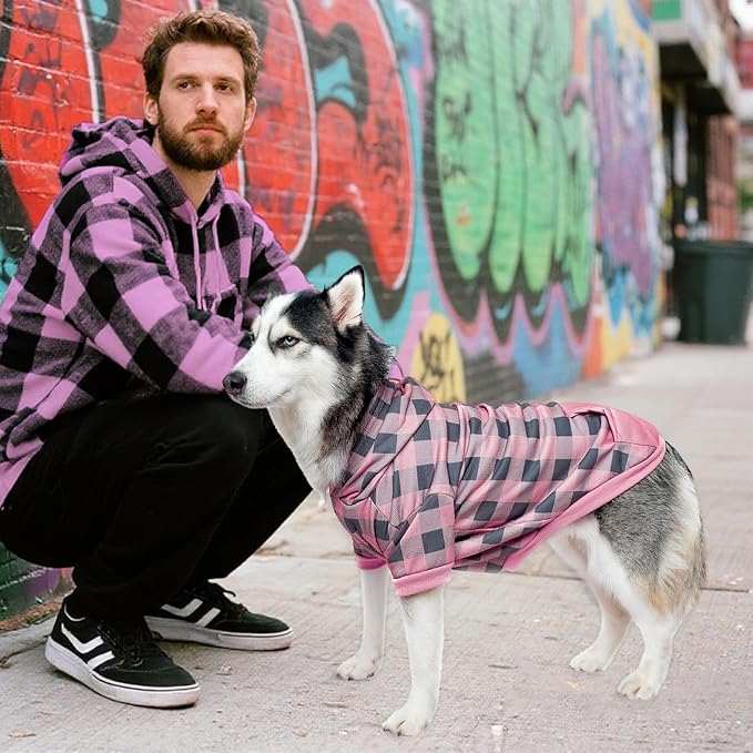 KOOLTAIL Plaid Dog Hoodie Pet Clothes Sweater with Hat and Pocket for Small Medium Large Size Dogs, Soft Winter Warm Dog Cold Weather Coat, Fleece Fall Dog Hooded Sweatshirt for Puppy Cats,Pink XL/XXL
