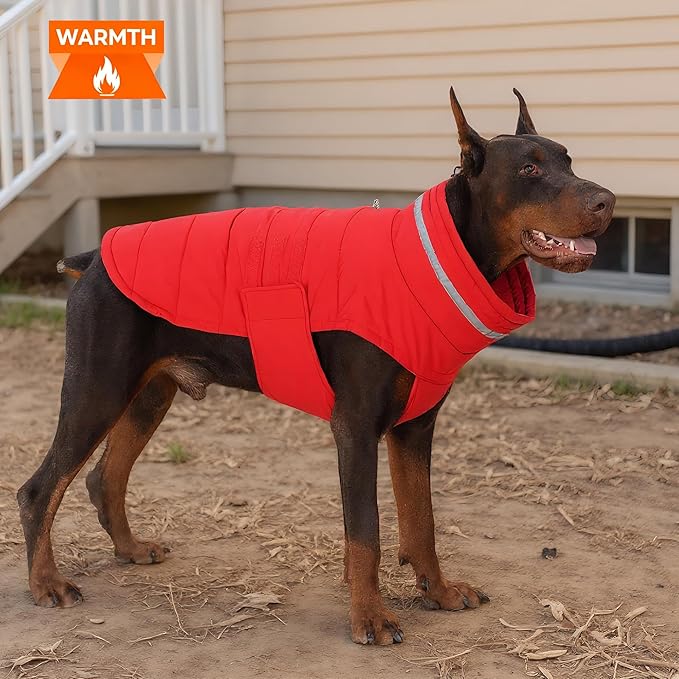 Dog Coat, Waterproof Winter Jacket, Warm Windproof Vest, Reflective Adjustable Turtleneck Coats for Large Dogs with Hook & Loop - Red - XL