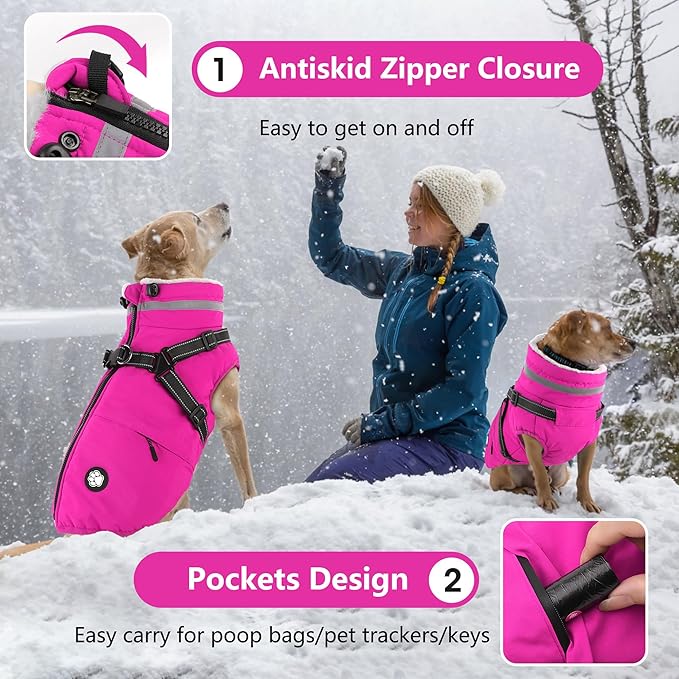Dogcheer Dog Coat with Harness, Waterproof Dog Jacket Christmas Pet Winter Coat with Pockets, Reflective Doggy Turtleneck Fleece Jacket for Small Medium Large Dogs - Pink, 2XL