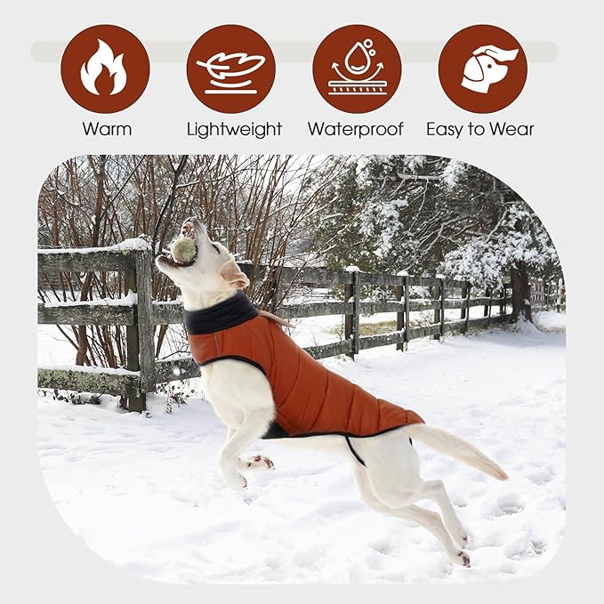 IDOMIK Dog Winter Coat, Warm Waterproof Dog Puffer Jacket with Harness Hole, Adjustable Reflective Snow Jacket Vest with Turtleneck, Pet Cold Weather Coats for Large Dogs,Caramel,3XL