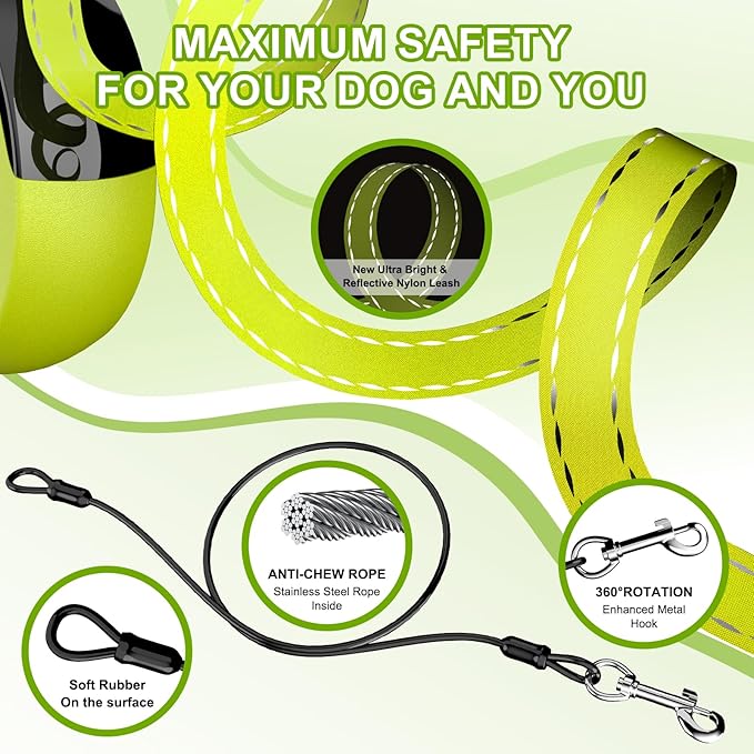2025 New Model Retractable Dog Leash 18ft' - Detachable Poop Bag and Chew Proof Cable and Included Heavy Duty Reflective Retractable Leash for Small Medium Large Dogs up to 66 lbs