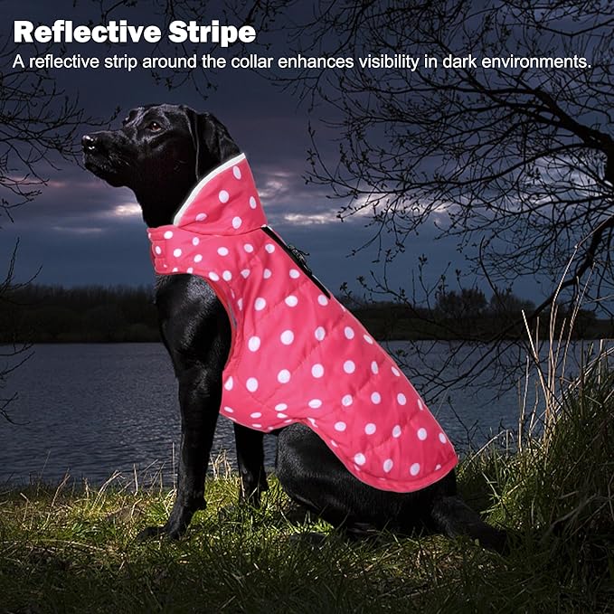Dog Winter Coat, Waterproof Dog Jacket with Leash Hole, Reflective Adjustable Pet Snow Vest, Warm Fleece Sweater for Small Medium Large Dogs - Pink Polka Dot, XS
