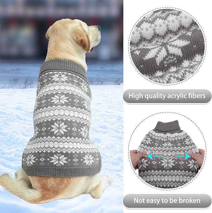 KOOLTAIL Cable Knit Dog Sweater Turtleneck, Cold Weather Pullover Classic Knitwear, Snowflake Pattern Thick Warm Winter Pet Clothes,Dog Christmas Sweater for Small Medium Large Dogs,Grey ML
