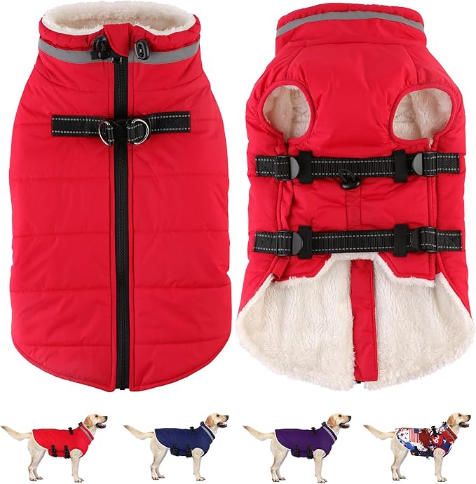 Dogcheer Dog Coat with Harness, Waterproof Dog Jacket Adjustable Pet Winter Coat with Zipper, Christmas Puppy Snow Jacket Fleece Sweater for Small Medium Large Dogs - Red L