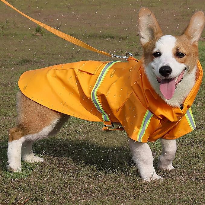 Reflective Strip Dog Raincoat, Ultra - Light Breathable Waterproof Rain Jacket with Hood, Adjustable Sizes for Small/Medium/Large Dogs, (L)