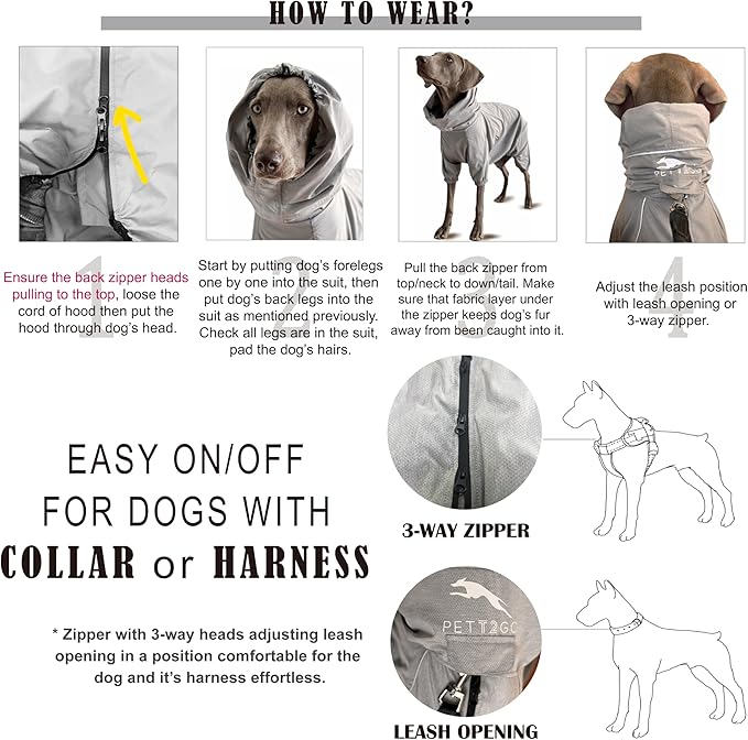 Dog Lightweight Windbreaker, Pet Outdoor Sports Jacket, 0.5 lbs,3 in One, Hooded, Easy on/Off with Collar and Harness, Reflective Piping, Packable, Dog Hiking/Camping, Grey (Large)