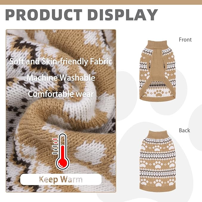 KOOLTAIL Cable Knit Dog Sweater Turtleneck, Cold Weather Pullover Classic Knitwear, Cute Paws Pattern Thick Warm Winter Pet Clothes, Dog Christmas Sweater for Small Medium Large Dogs Cats,Khaki SM