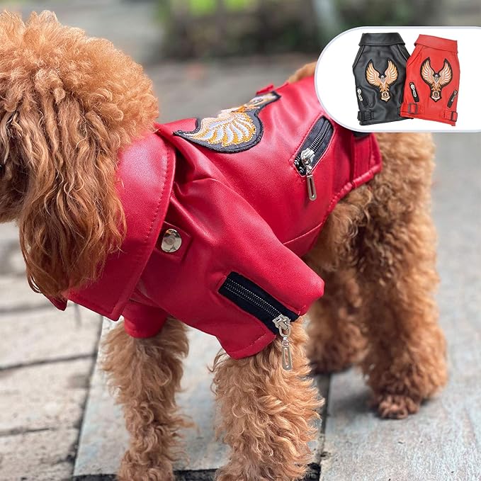 Lovelonglong Cool Dog Leather Jacket, Warm Coats Dogs Windproof Cold Weather Coats for Large Medium Small Dogs with Eagle Embroidery Red L-S
