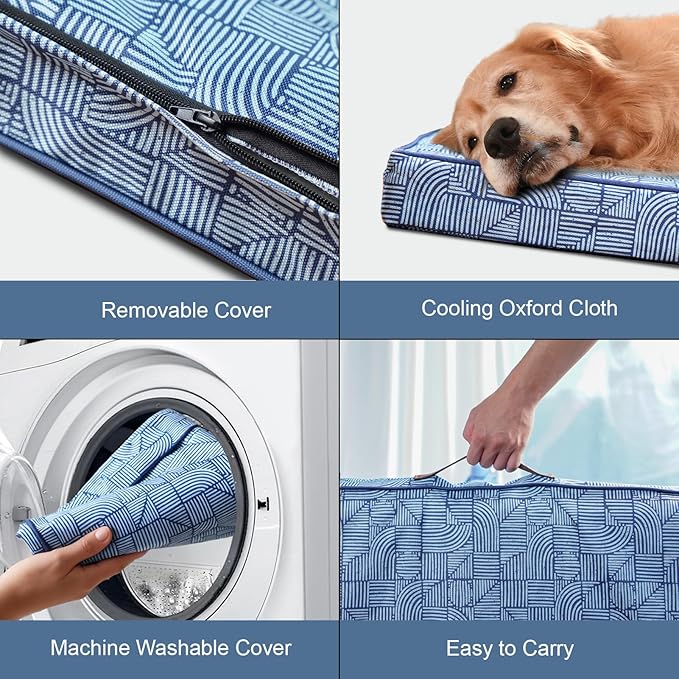 Outdoor Orthopedic Dog Bed for Medium Dogs & Cats, Waterproof Flat Pet Mat with Egg Crate Foam & Washable Removable Oxford Cover, 30x20 Inch, White Blue