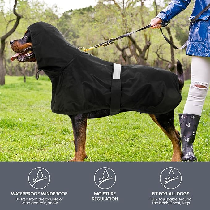 Nanaki Rain Jackets for Large Dogs with Leash Hole, Reflective Adjustable Pet Raincoat for Rainny Snow Foggy Days, Waterproof Windproof Dog Coat Jacket Vest Outdoor Hiking Walking Hunting Black 2XL