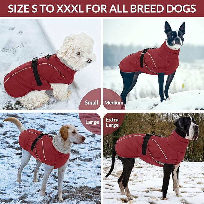 Queenmore XXL Dog Coat, Winter Jacket for Large Dogs, Waterproof Puffy Snowsuit, Adjustable Reflective Fleece Lining Warm Padding Parka for Cold Weather, Red 3XL