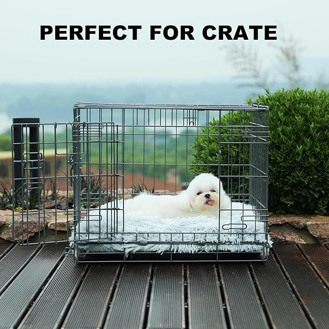 Bedfolks Plush Dog Crate Pad, Washable Faux Fur Bed for Small Dogs & Cats - 17"x12", Light Grey