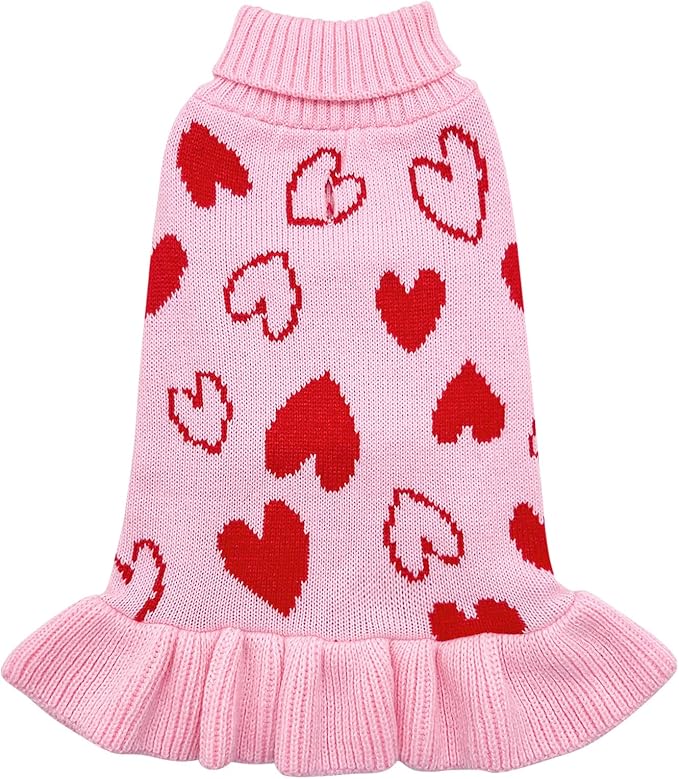 cyeollo Dog Sweater Dress Valentines Day Dog Clothes Pullover Turtleneck with Leash Hole Heart Pattern Holiday Theme Female Pet Apparel for Small Dogs