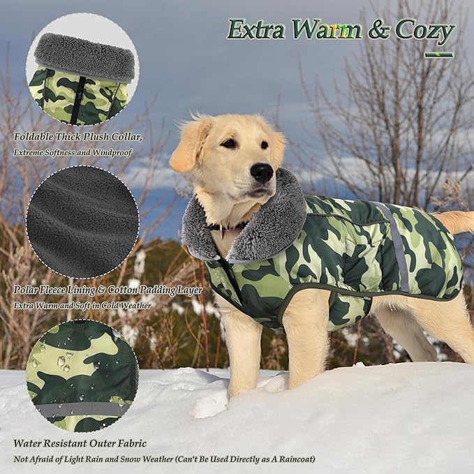 Dogcheer Warm Dog Coat, Waterproof Dog Jacket Reflective Adjustable Puppy Winter Coat with Buckle, Christmas Pet Snow Jacket Turtleneck Fleece Sweater for Small Medium Large Dogs- Camo Green, M