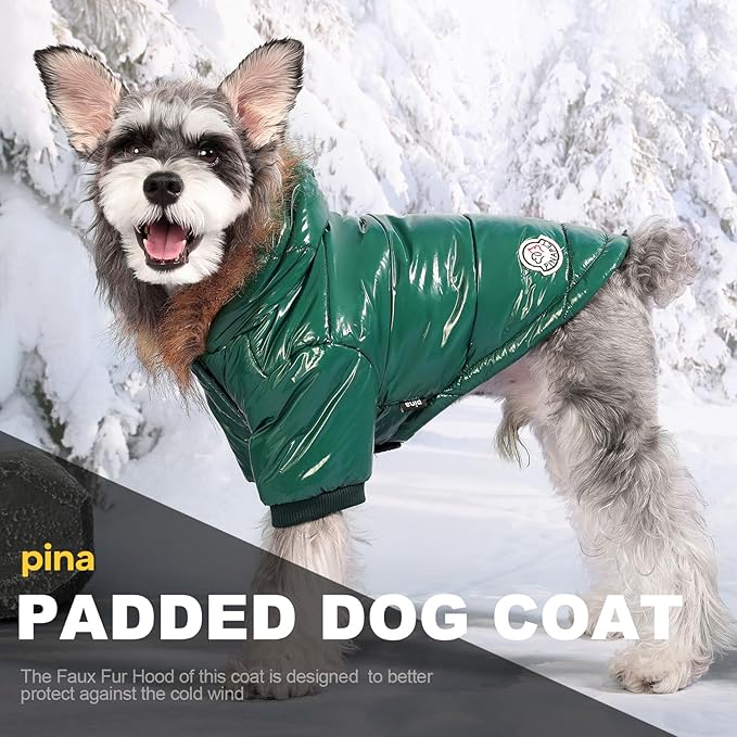 PINA Dog Winter Coat with Large Faux Fur Hood, Windproof and Warm, Suitable for Small to Large Dogs, Green, XXL