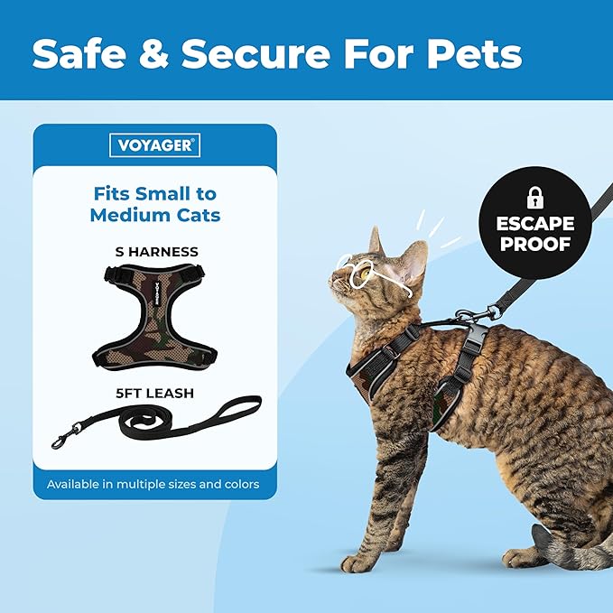 Voyager Escape Proof Cat Harness and Leash Set with Reflective Stitching, Neoprene Handle 5ft - Supports Small, Medium and Large Cats, Kittens for Walking by Best Pet Supplies - Army, S