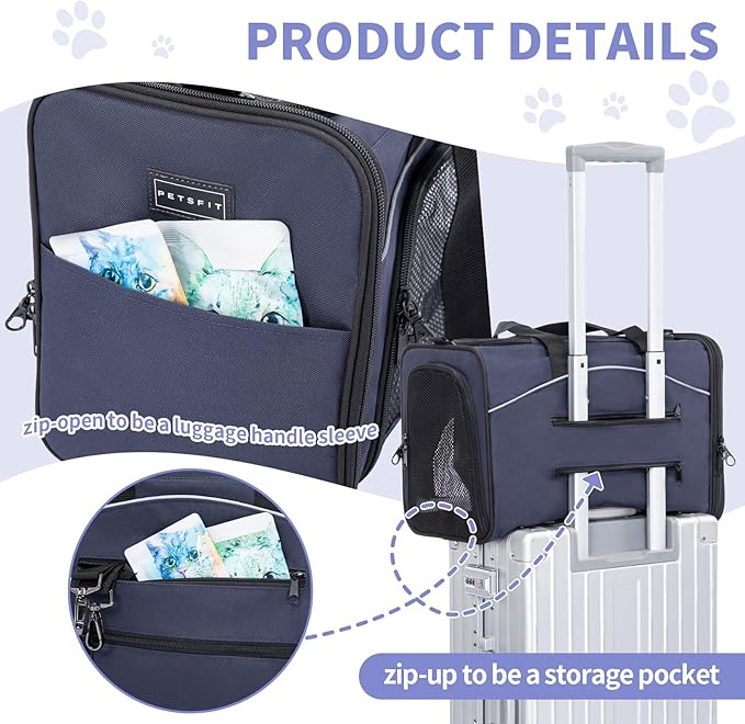 Petsfit Airline Approved Pet Carrier for Small Dogs & Cats, 18x8x11 TSA Approved Carrier, with Removable Dual-Sided Padding (2-Way Placement) - Fits Under Most Airplane Seats, Escape Proof (Navy)