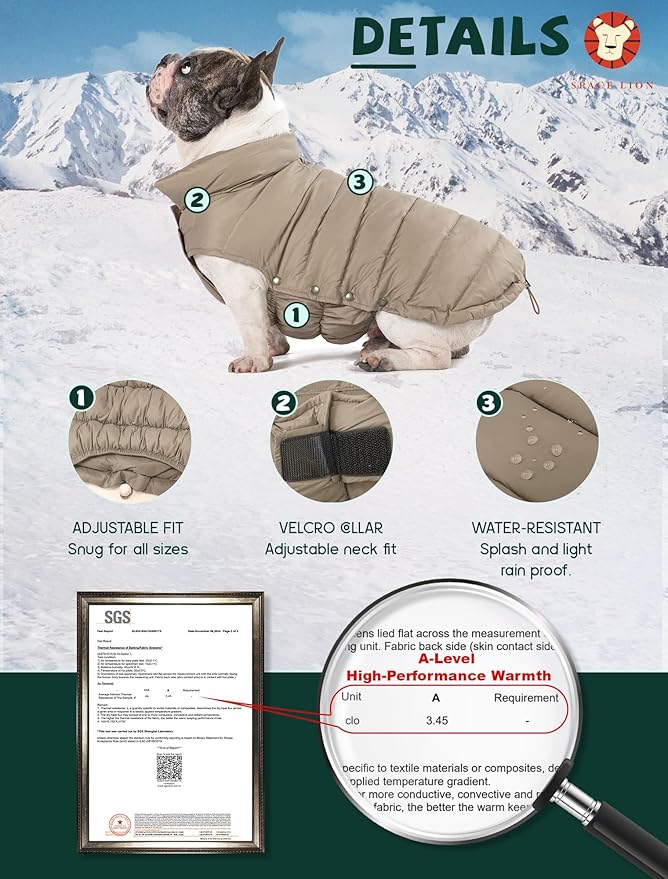 SPACE LION Dog Puffer Jacket, Down Winter Coat, Durable Outdoor Coat for Cold and Windy Conditions, Waterproof, Lightweight Jacket, Adjustable Fit for Small, Medium, Large Dogs(Camel,20/XL)