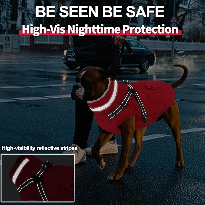 Dogcheer Dog Coat with Harness, Waterproof Warm Dog Winter Jacket with Pockets, Reflective Pet Fleece Jacket Turtleneck Snowsuit for Small Medium Large Dogs - Red, 2XL