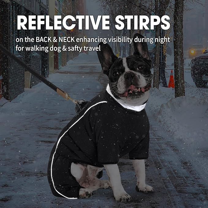 Four Legged Dog Winter Coat for Small Dogs, Warm Puppy Onesie Clothes Christmas, Reflective Turtleneck Dog Jacket with Buckles & D-Rings, Puffer Cold Weather Coat Zipper