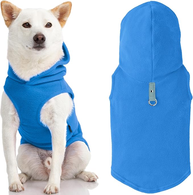 Gooby Fleece Vest Hoodie Dog Sweater - Blue, Large - Warm Pullover Dog Hoodie with O-Ring Leash for Small to Medium Dogs