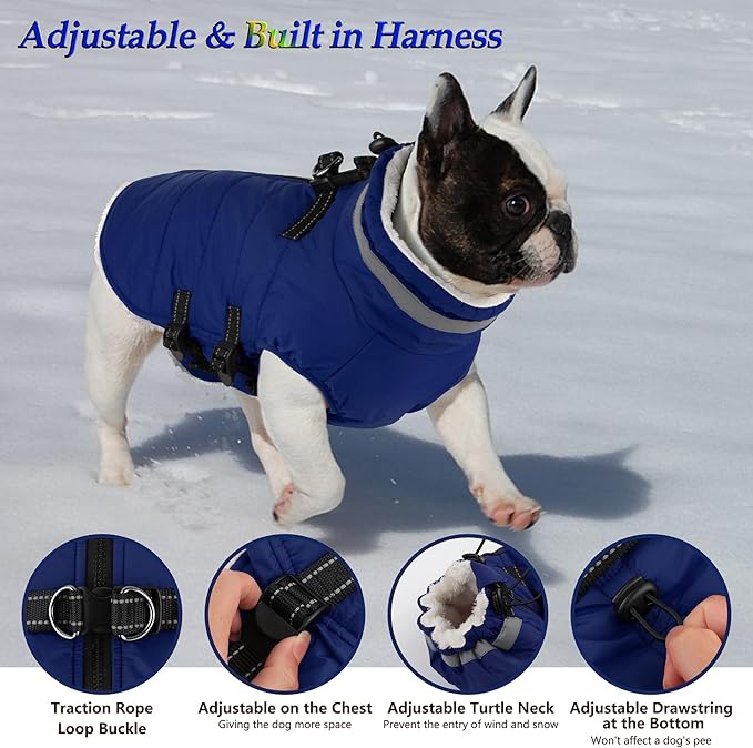 Dogcheer Dog Coat, Waterproof Dog Jacket with Harness, Reflective Adjustable Puppy Winter Coat with Zipper, Christmas Snow Jacket Clothes for Small Medium Large Dogs - Blue 3XL