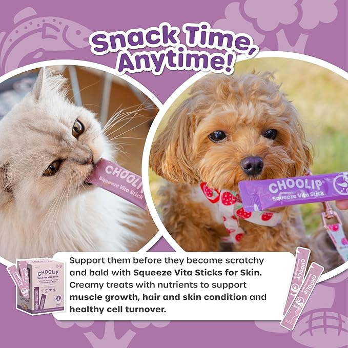 Choolip Squeeze Vita Stick Lickable Cat Treats & Dog Puree – 49-Count Skin & Coat Support Tubes, Creamy Grain-Free High-Protein Puree with Omega 3, Biotin & Vitamins for Healthy Fur & Skin