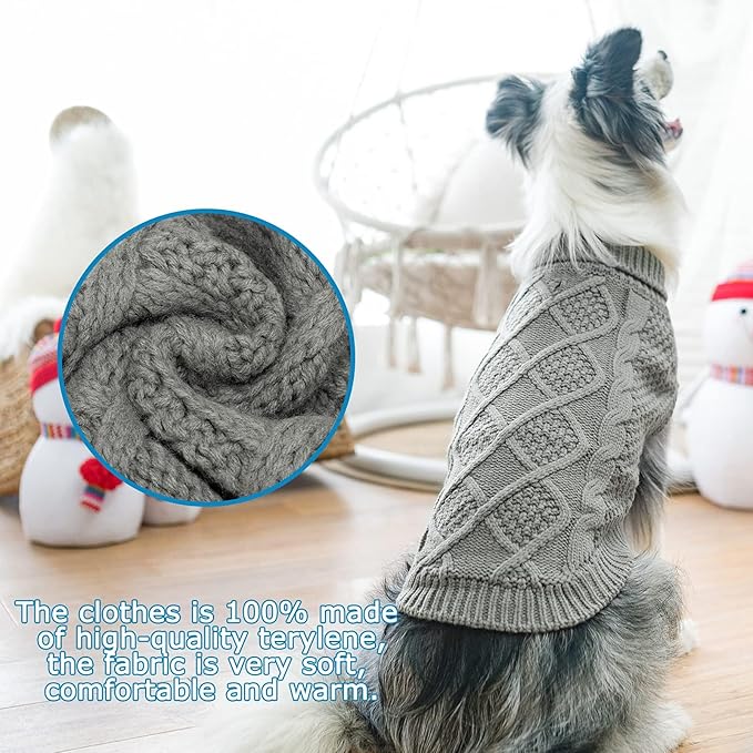Mihachi Turtleneck Dog Sweater - Winter Coat Apparel Classic Cable Knit Clothes with Leash Hole for Cold Weather, Ideal Gift for Pet in New Year Smoky Gray Small/Medium