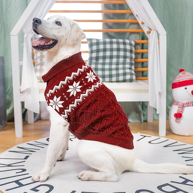 Warm Winter Pink Dog Sweater - Cold Weather Pet Clothes for Small Medium Large Dogs Indoor Outdoor, Soft Classic Knit Puppy Apparel Coat, Dark Red, XL