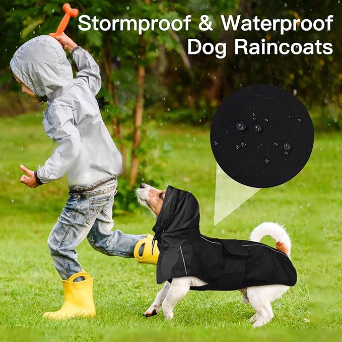 Dog Raincoat, Waterproof Rain Jacket for Large Dogs Poncho with Leash Hole Convertible Hood/Collar Reflective Rain Coat, Lightweight Breathable Stay Secure Walking (Black, XXXL)