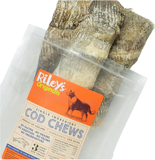 Riley's Cod Skins for Dogs - Air Dried Single Ingredient Dog Treats - Short, Hand Wrapped Cod Skin Dog Treats - Sustainably Caught in Iceland - 3 Pack 5 inch Chew Sticks
