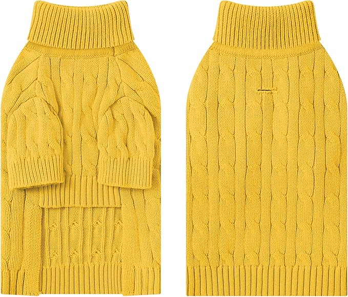 Small Dog Thermal Pullover Sweater, Classic Turtleneck Cable Knitwear Dog Clothes for Cold Weather Warm Pet Clothes for Chihuahua, Bulldog, Dachshund, Pug Yellow Large
