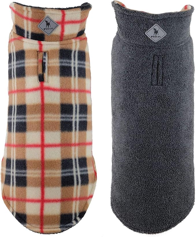 The Worthy Dog Fargo Fleece Plaid Dog Jacket, Adjustable Reversible with Harness Hole, Wind-Resistant, Winter Outdoor Clothes for Pets, Tan - 30''
