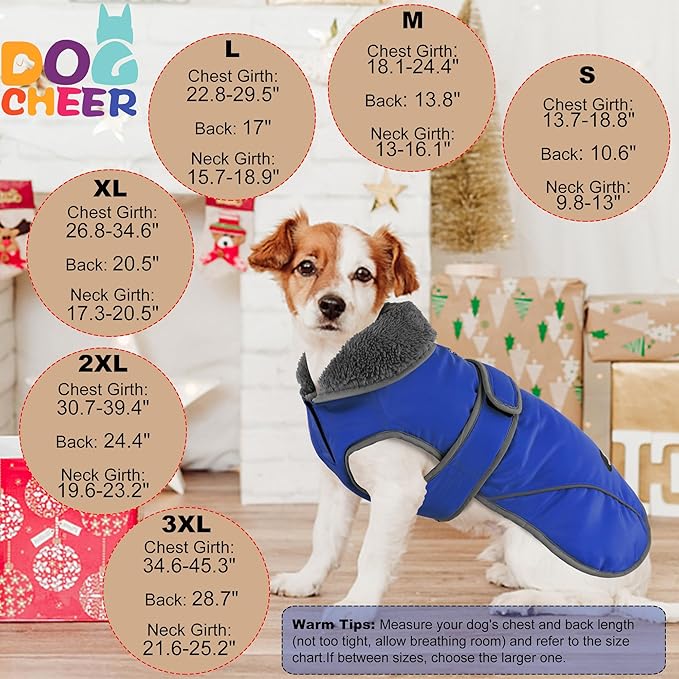 Dogcheer Dog Coat, Waterproof Dog Jacket Reflective Pet Winter Coat with Adjustable Hook & Loop, Christmas Puppy Fleece Jacket Warm Turtleneck Snowsuit for Small Medium Large Dogs - Blue, 2XL