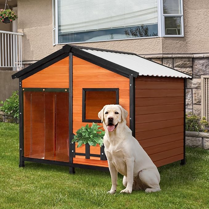 Petsfit Large Dog House Outdoor, Wooden Shelter for Extra Large Breeds Up to 200lbs, Weatherproof Roof, Removable Bottom Panel & Elevated Floor, 47-Inch, Natural Brown